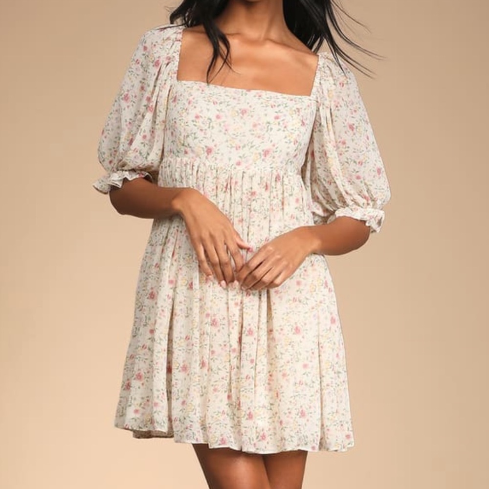 Sweet daydreams white floral print puff sleeve mini dress